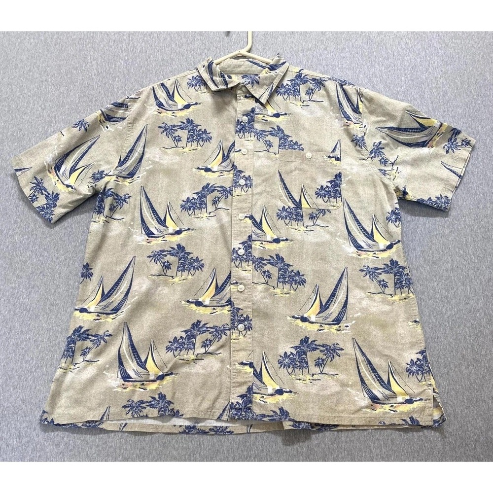 Croft & Barrow Hawaiian Shirt Mens XL Multicolor Sailboats Palm Cotton Button Up